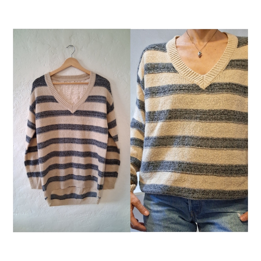 Striped V-Neck Sweater Lace Detail Cream and Gray Soft Girl Soft Grunge